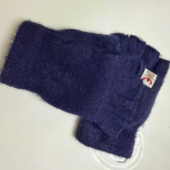 Navy Blue Fuzzy Convertible Mittens Warm Fingerless Gloves - Picture 4 of 5